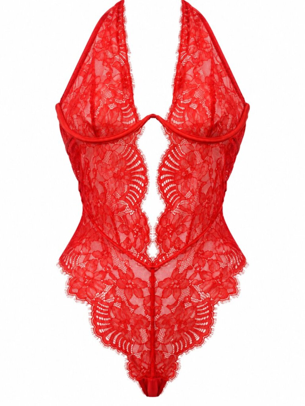 La Senza Red Lace Halter Teddy Bodysuit Plunge Open Front L/G